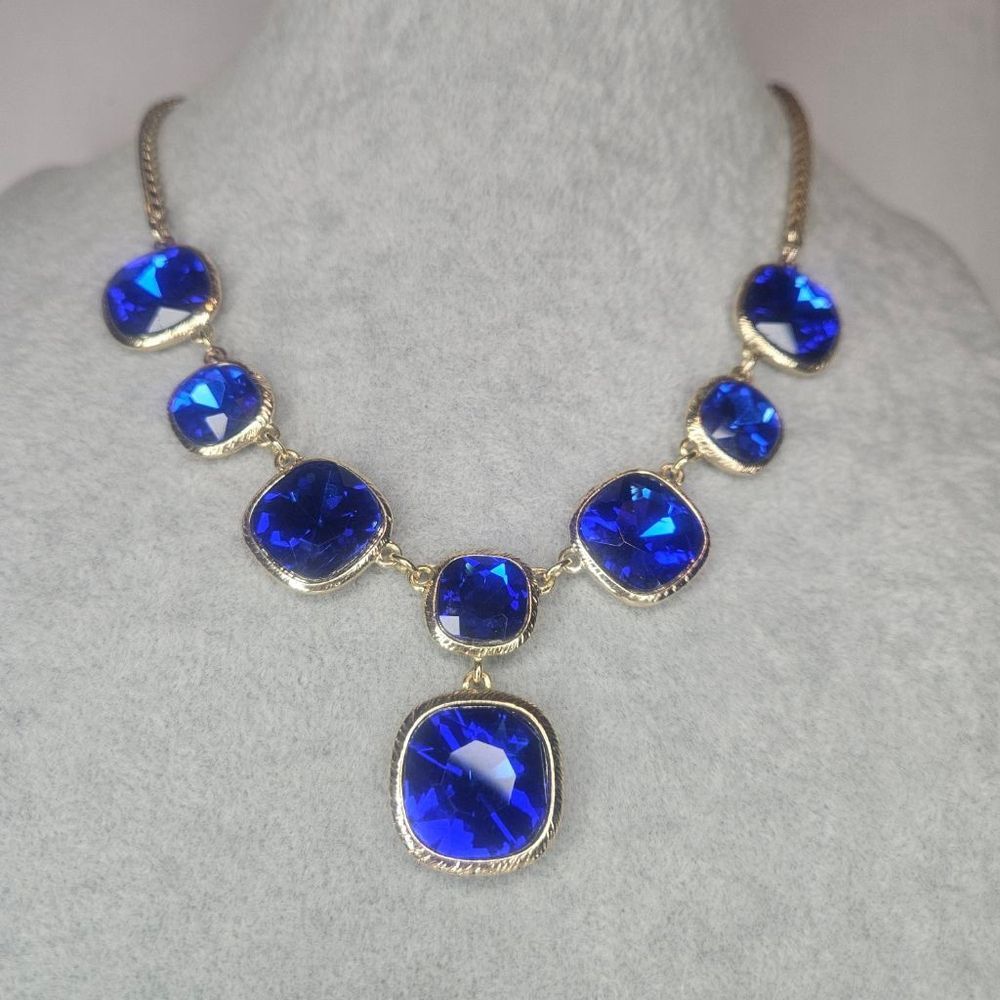 Monet Deep Sapphire Blue Rhinestone Statement Necklace Gold EUC 17" 1970s